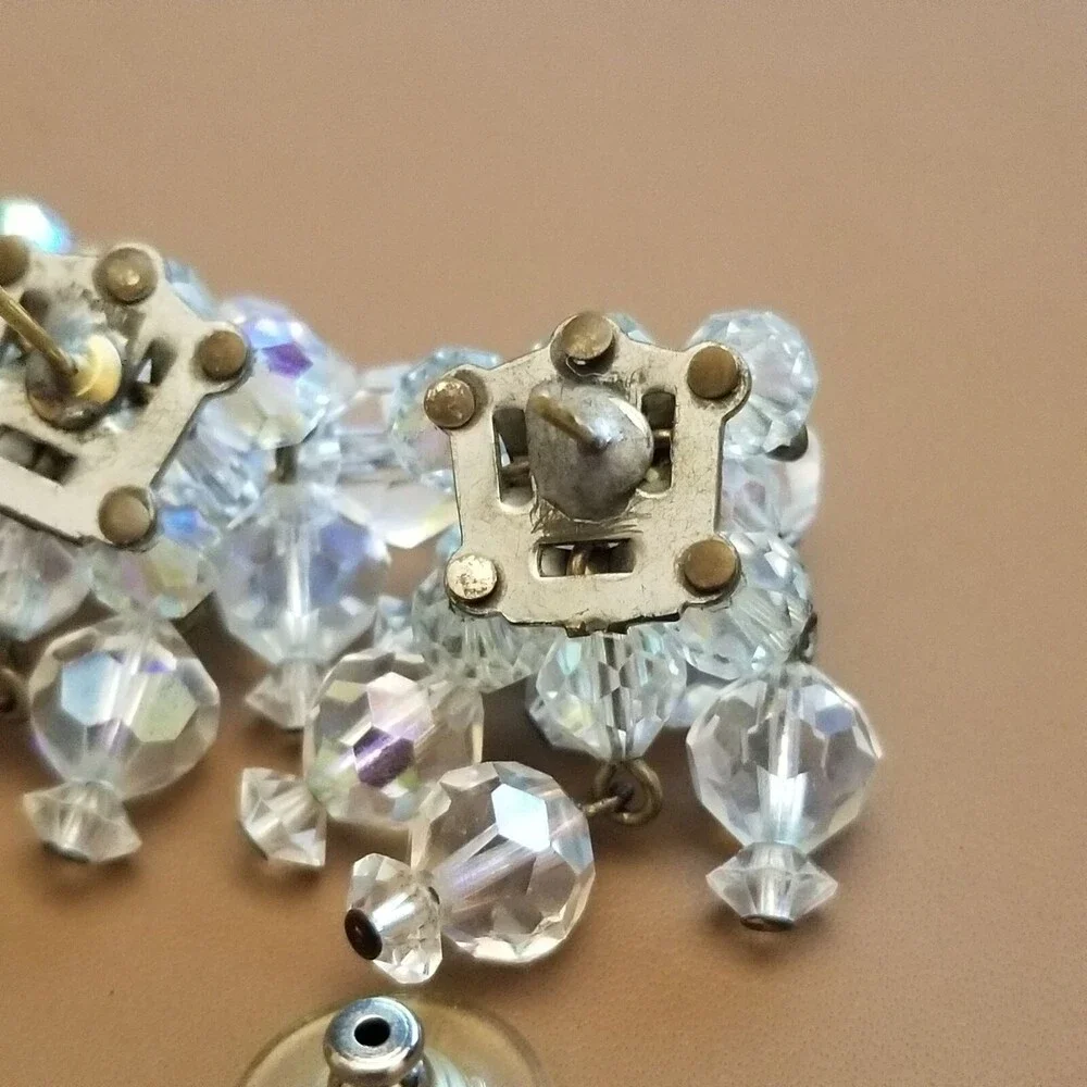 Vintage Aurora Borealis Earrings – Crystal Cluster Dangle - Picture 4 of 6